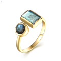 18K Gold S925 Sterling Silver Rectangle Gemstone Cuff Natural Labradorite Ring